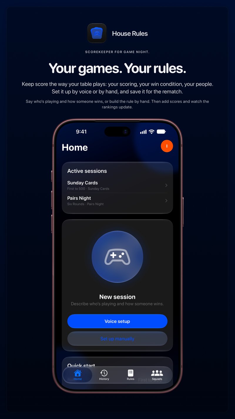 The House Rules share image, showing the app on iPhone 18 Pro Max with its icon, name and headline for the Sunday Cards session, in the Blue tint, dark appearance.