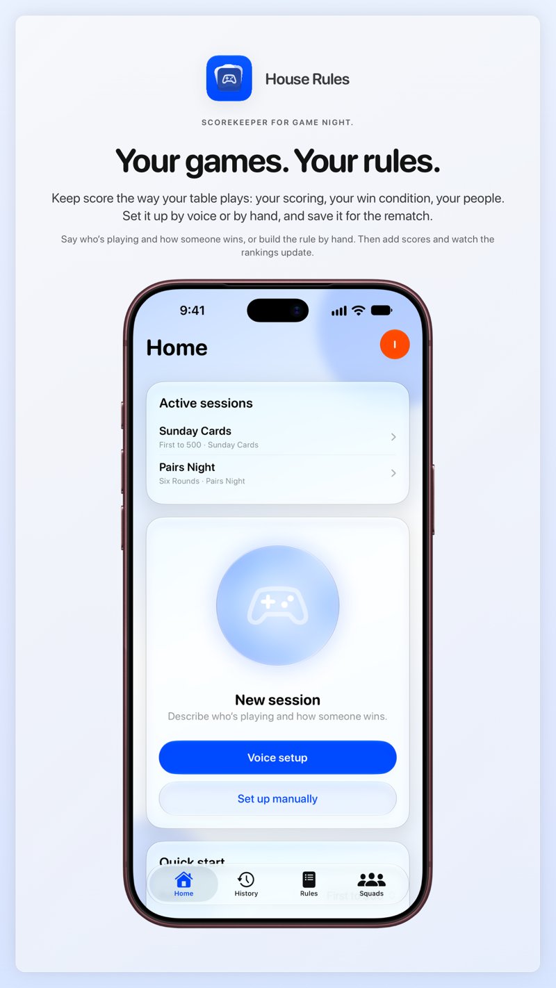 The House Rules share image, showing the app on iPhone 18 Pro Max with its icon, name and headline for the Sunday Cards session, in the Blue tint, light appearance.