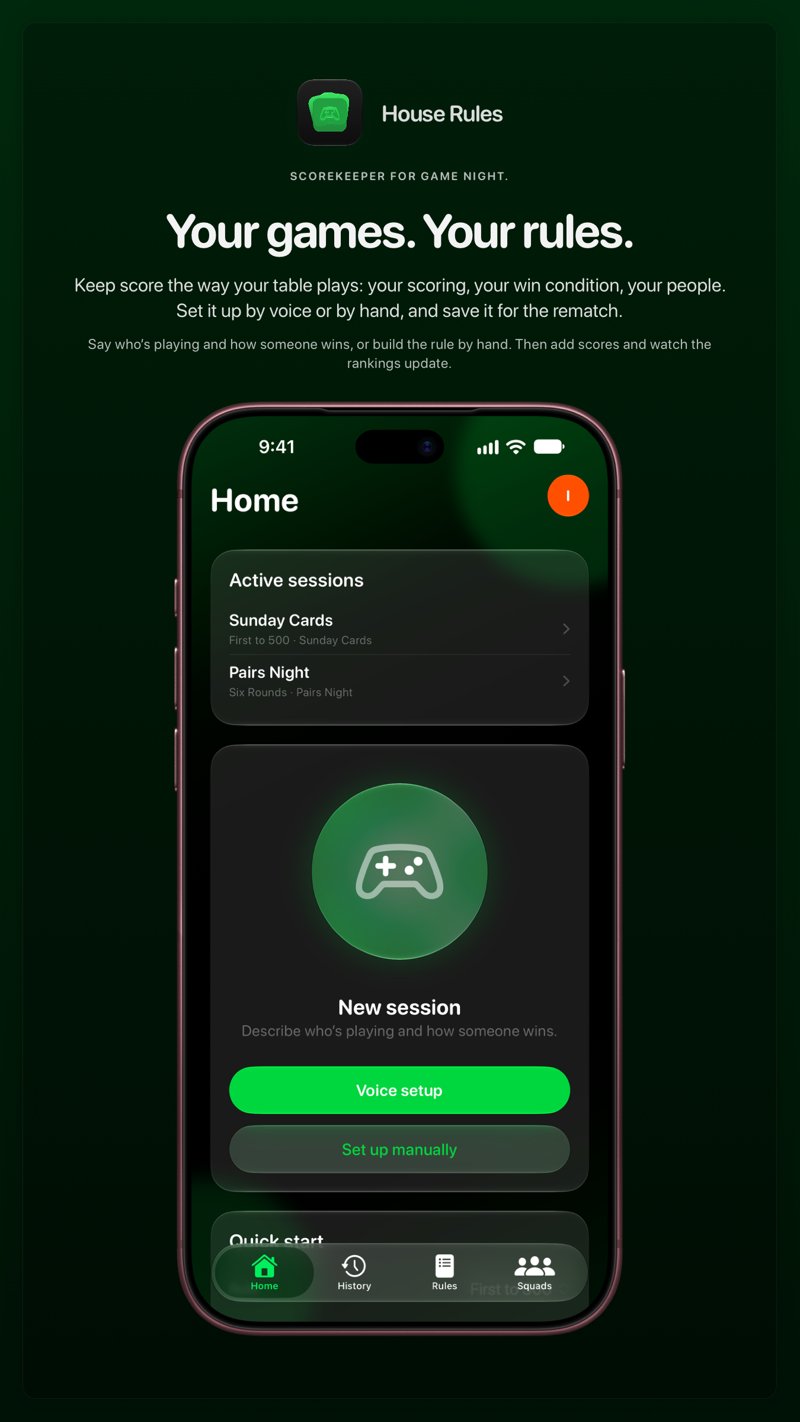 The House Rules share image, showing the app on iPhone 18 Pro Max with its icon, name and headline for the Sunday Cards session, in the Green tint, dark appearance.