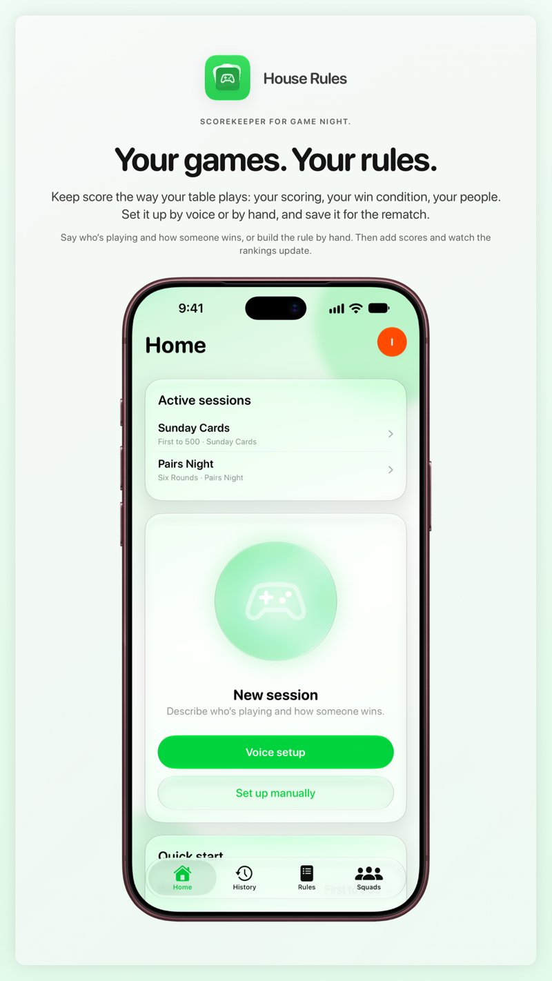 The House Rules share image, showing the app on iPhone 18 Pro Max with its icon, name and headline for the Sunday Cards session, in the Green tint, light appearance.