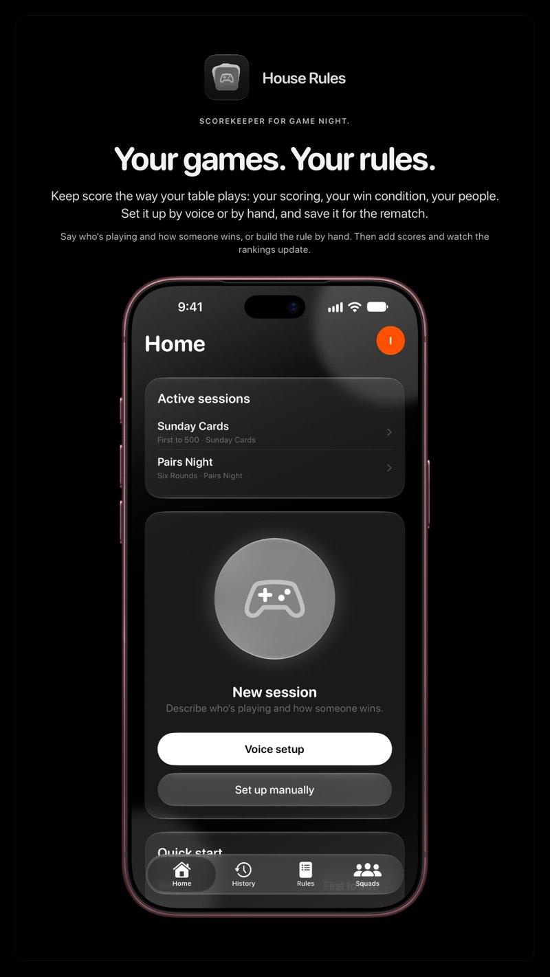 The House Rules share image, showing the app on iPhone 18 Pro Max with its icon, name and headline for the Sunday Cards session, in the Grey tint, dark appearance.