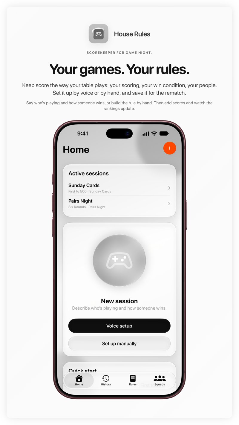 The House Rules share image, showing the app on iPhone 18 Pro Max with its icon, name and headline for the Sunday Cards session, in the Grey tint, light appearance.