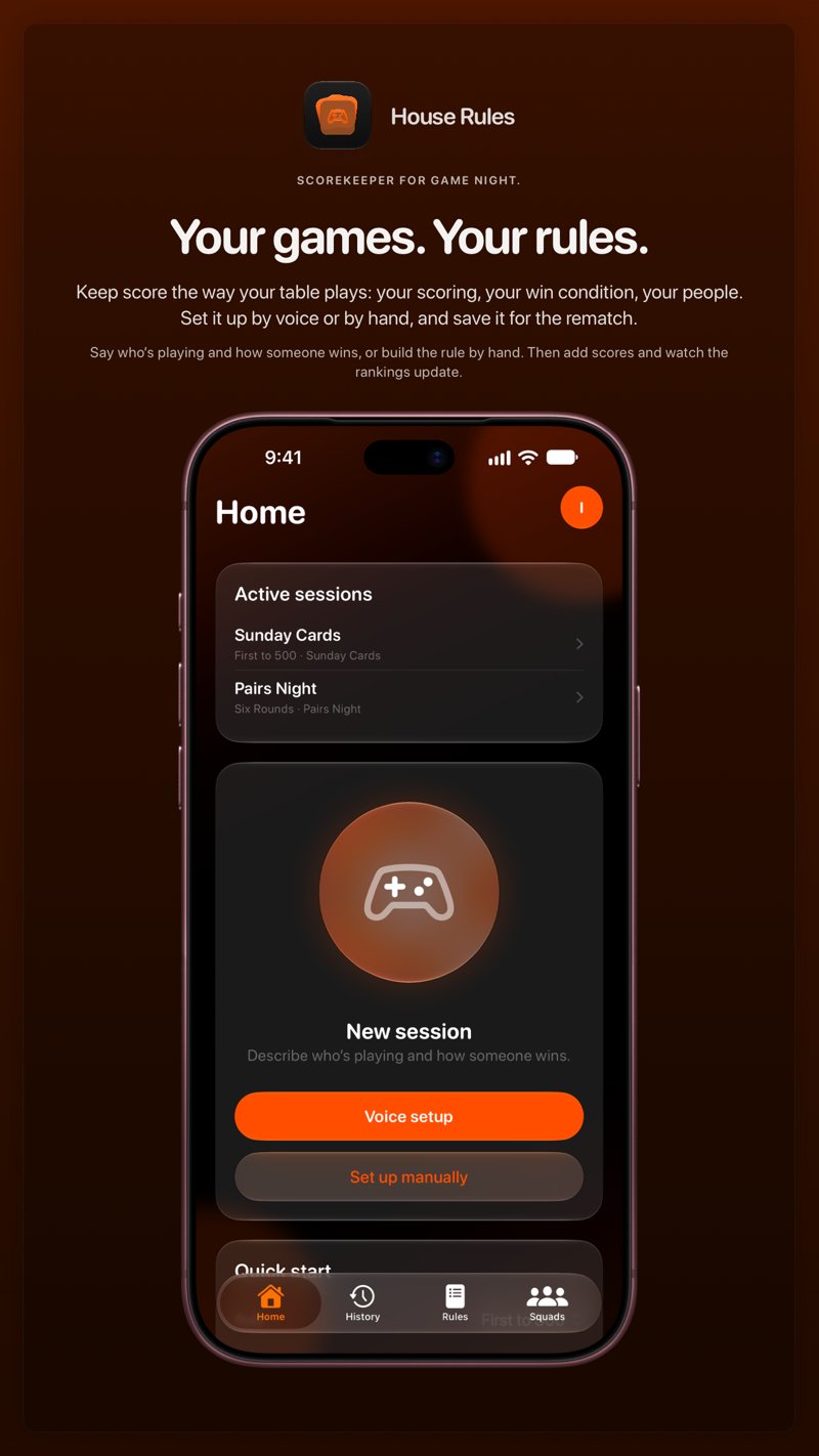The House Rules share image, showing the app on iPhone 18 Pro Max with its icon, name and headline for the Sunday Cards session, in the Orange tint, dark appearance.