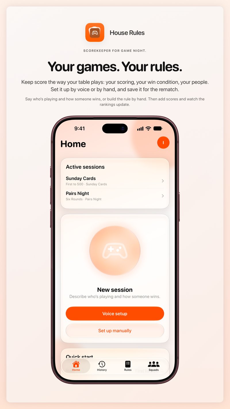 The House Rules share image, showing the app on iPhone 18 Pro Max with its icon, name and headline for the Sunday Cards session, in the Orange tint, light appearance.