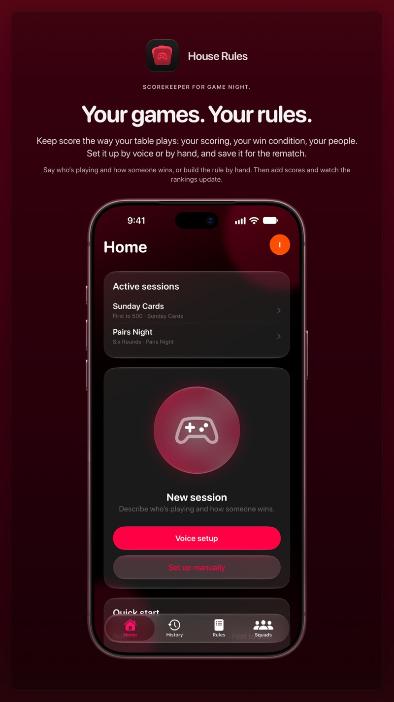 The House Rules share image, showing the app on iPhone 18 Pro Max with its icon, name and headline for the Sunday Cards session, in the Pink tint, dark appearance.