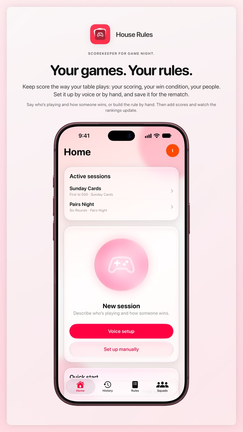 The House Rules share image, showing the app on iPhone 18 Pro Max with its icon, name and headline for the Sunday Cards session, in the Pink tint, light appearance.