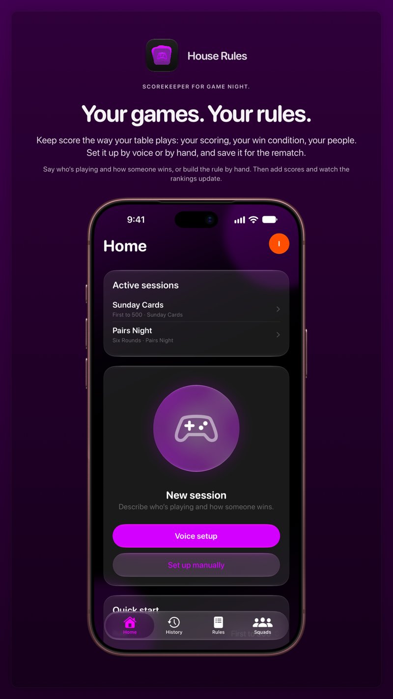The House Rules share image, showing the app on iPhone 18 Pro Max with its icon, name and headline for the Sunday Cards session, in the Purple tint, dark appearance.