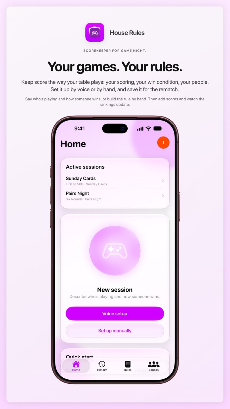 The House Rules share image, showing the app on iPhone 18 Pro Max with its icon, name and headline for the Sunday Cards session, in the Purple tint, light appearance.