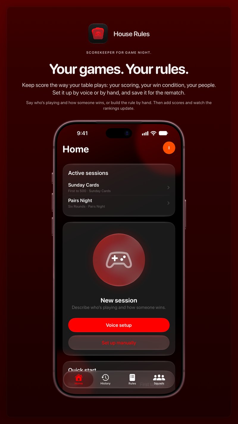 The House Rules share image, showing the app on iPhone 18 Pro Max with its icon, name and headline for the Sunday Cards session, in the Red tint, dark appearance.