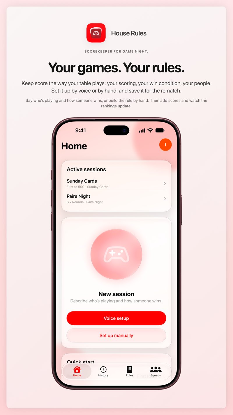 The House Rules share image, showing the app on iPhone 18 Pro Max with its icon, name and headline for the Sunday Cards session, in the Red tint, light appearance.