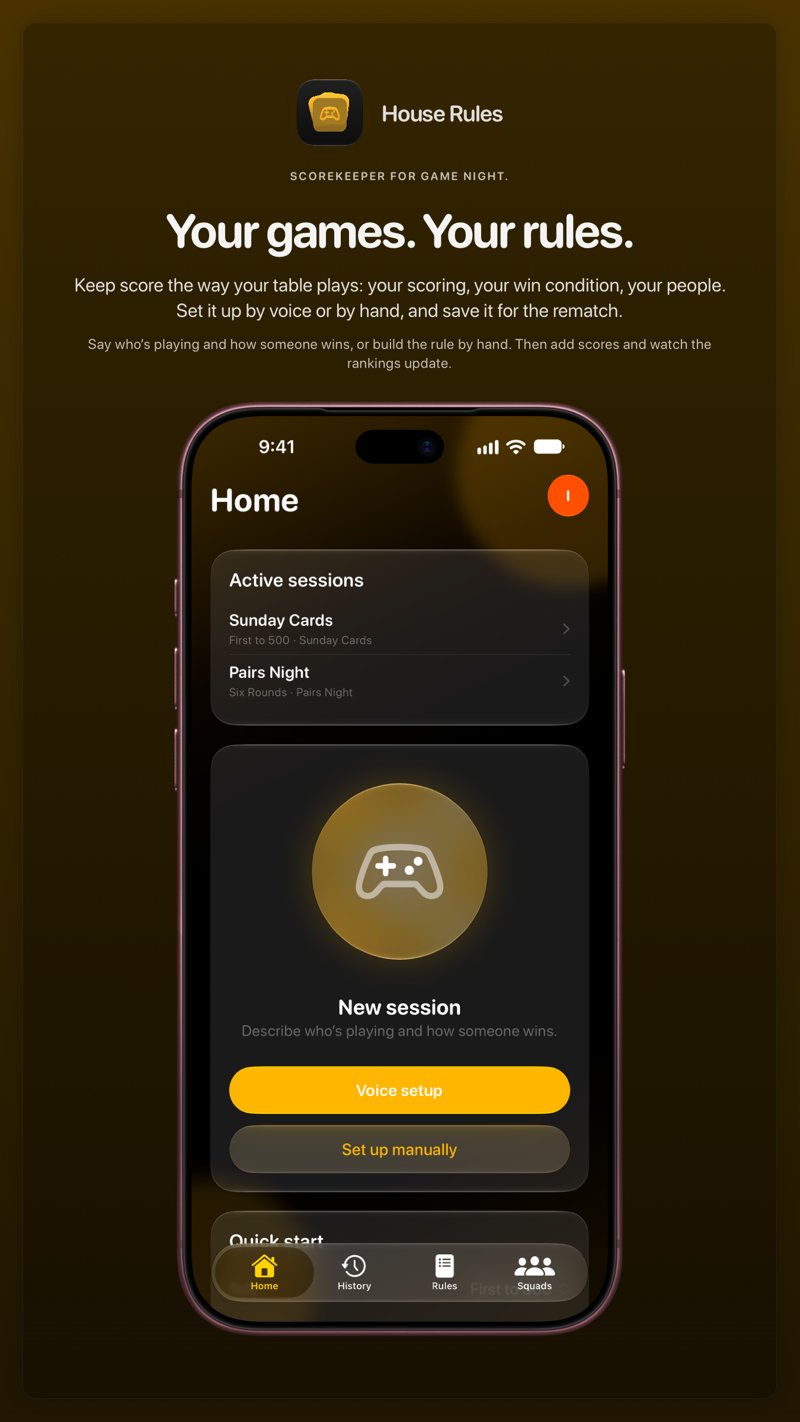 The House Rules share image, showing the app on iPhone 18 Pro Max with its icon, name and headline for the Sunday Cards session, in the Yellow tint, dark appearance.
