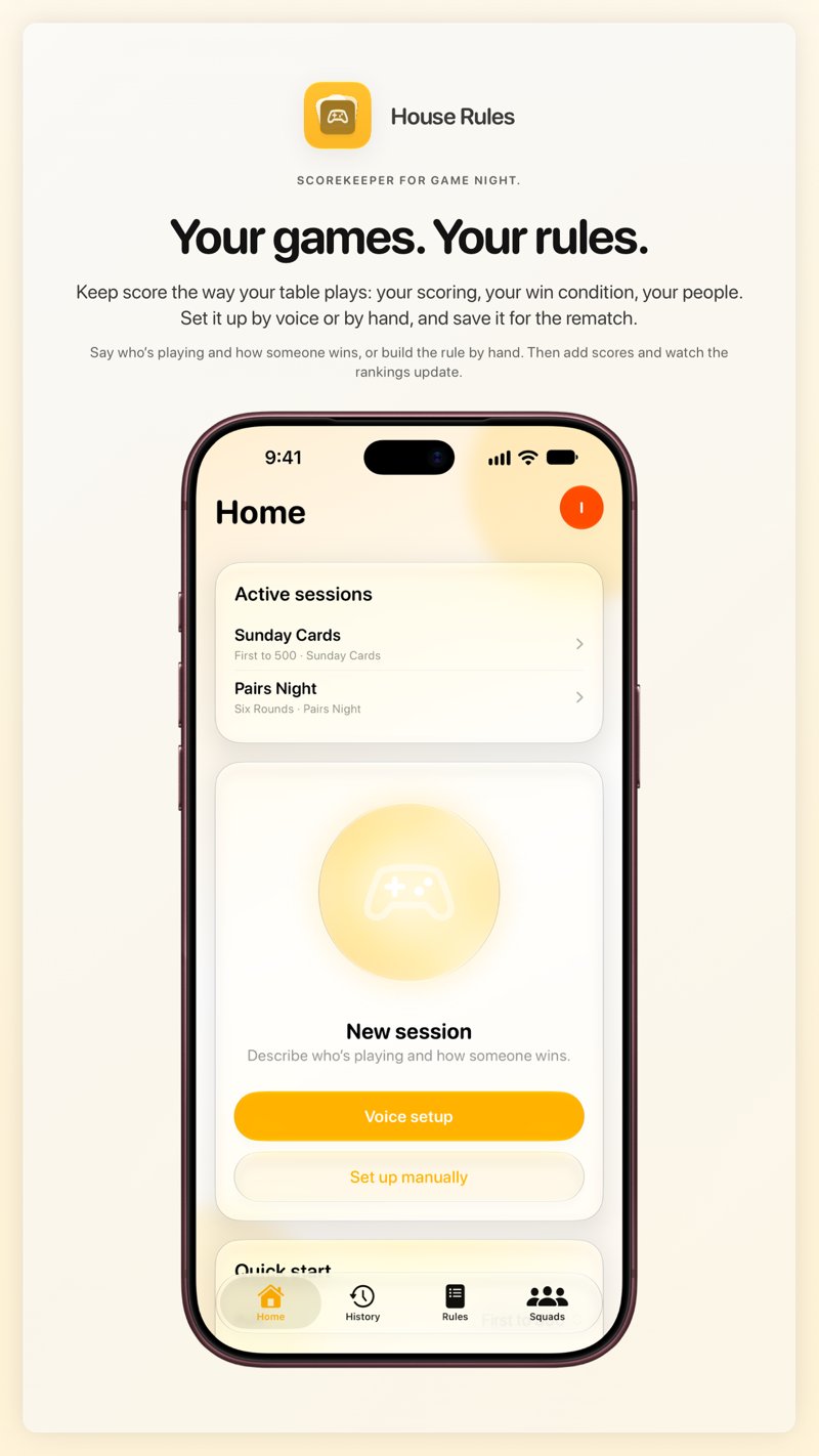 The House Rules share image, showing the app on iPhone 18 Pro Max with its icon, name and headline for the Sunday Cards session, in the Yellow tint, light appearance.