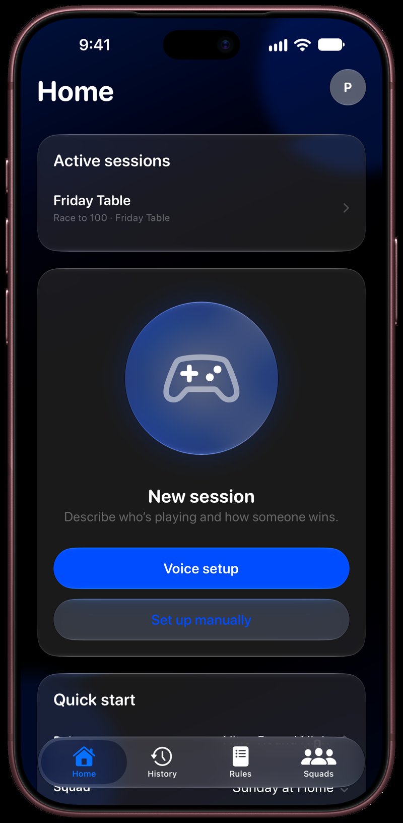 House Rules on iPhone 18 Pro Max showing Home for the Friday Table session, in the Blue tint, dark appearance.