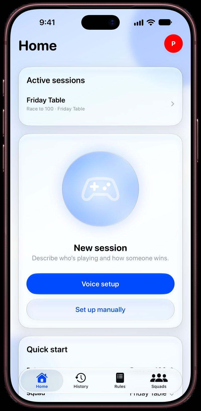 House Rules on iPhone 18 Pro Max showing Home for the Friday Table session, in the Blue tint, light appearance.