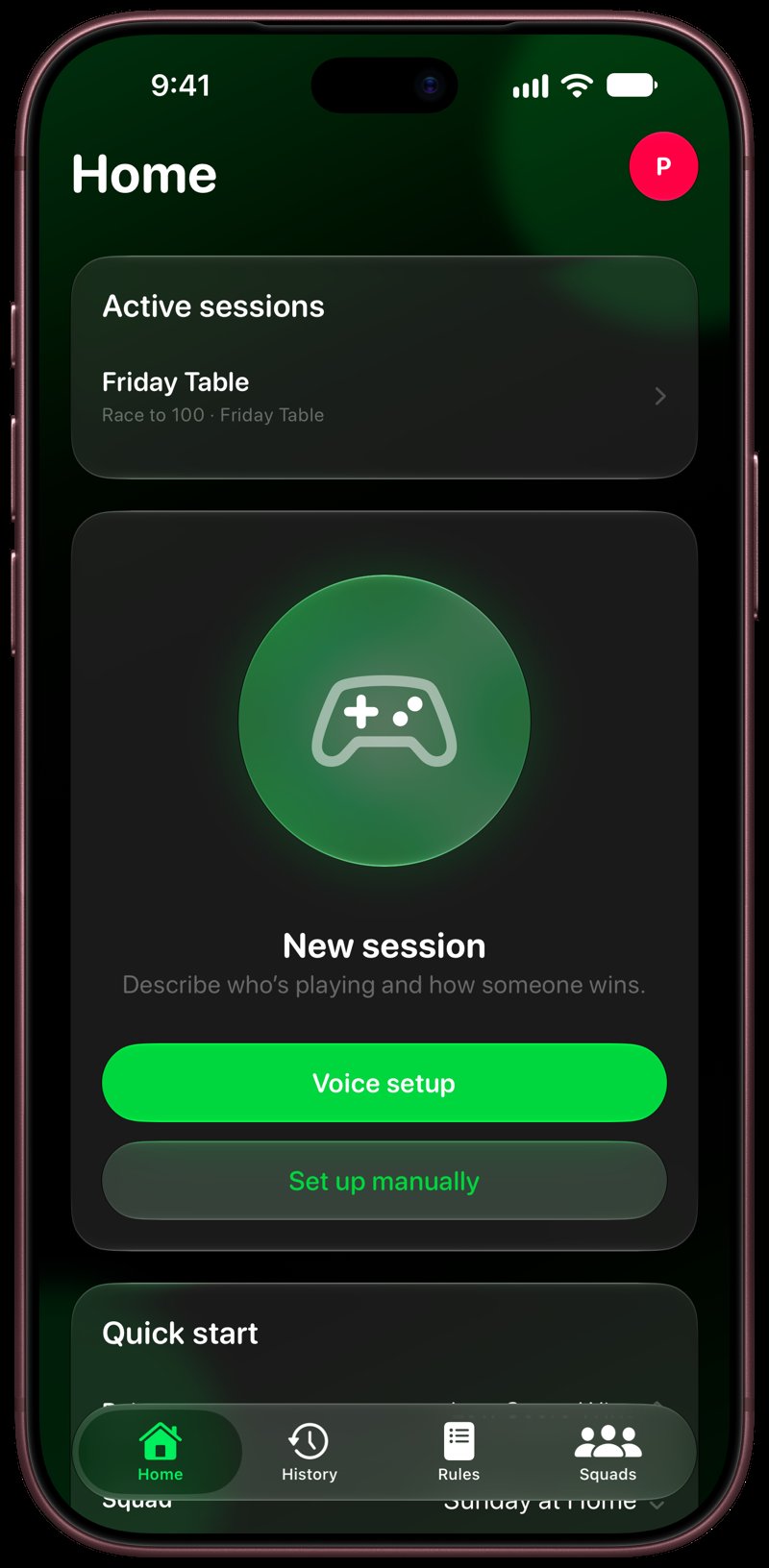House Rules on iPhone 18 Pro Max showing Home for the Friday Table session, in the Green tint, dark appearance.