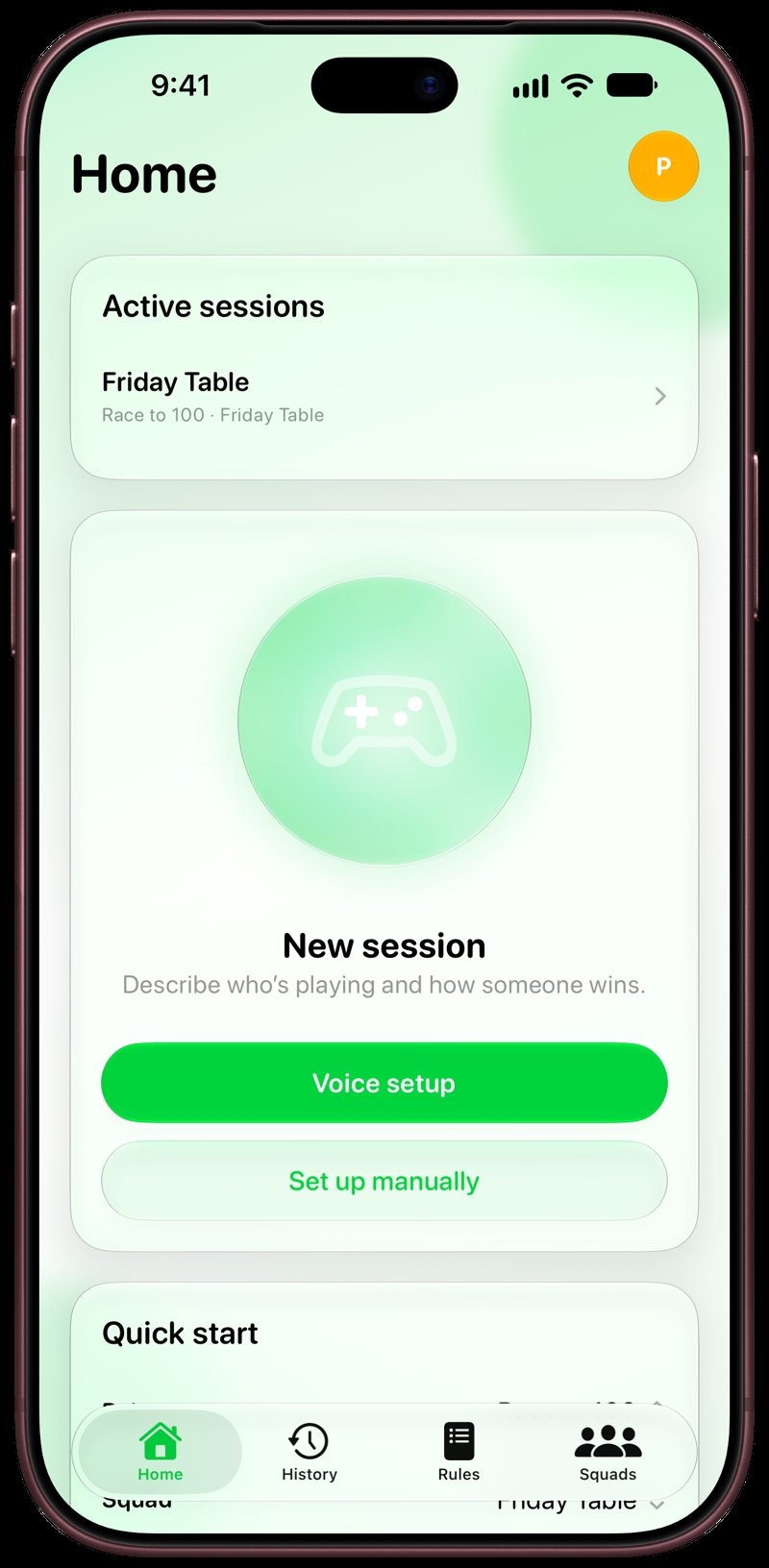 House Rules on iPhone 18 Pro Max showing Home for the Friday Table session, in the Green tint, light appearance.