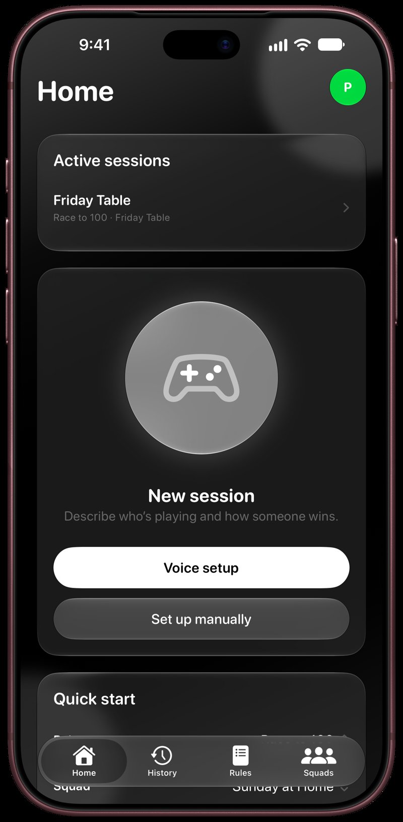 House Rules on iPhone 18 Pro Max showing Home for the Friday Table session, in the Grey tint, dark appearance.