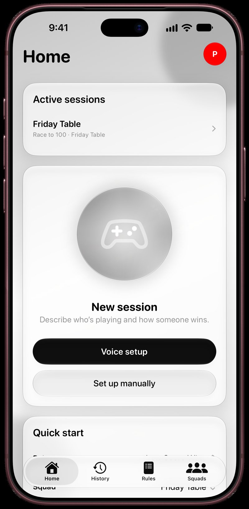 House Rules on iPhone 18 Pro Max showing Home for the Friday Table session, in the Grey tint, light appearance.