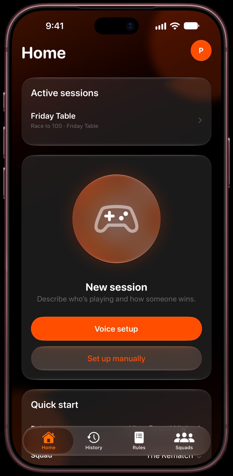House Rules on iPhone 18 Pro Max showing Home for the Friday Table session, in the Orange tint, dark appearance.
