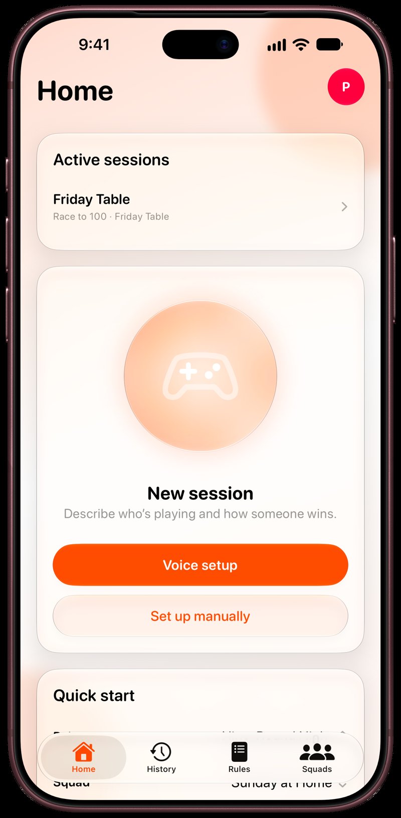 House Rules on iPhone 18 Pro Max showing Home for the Friday Table session, in the Orange tint, light appearance.