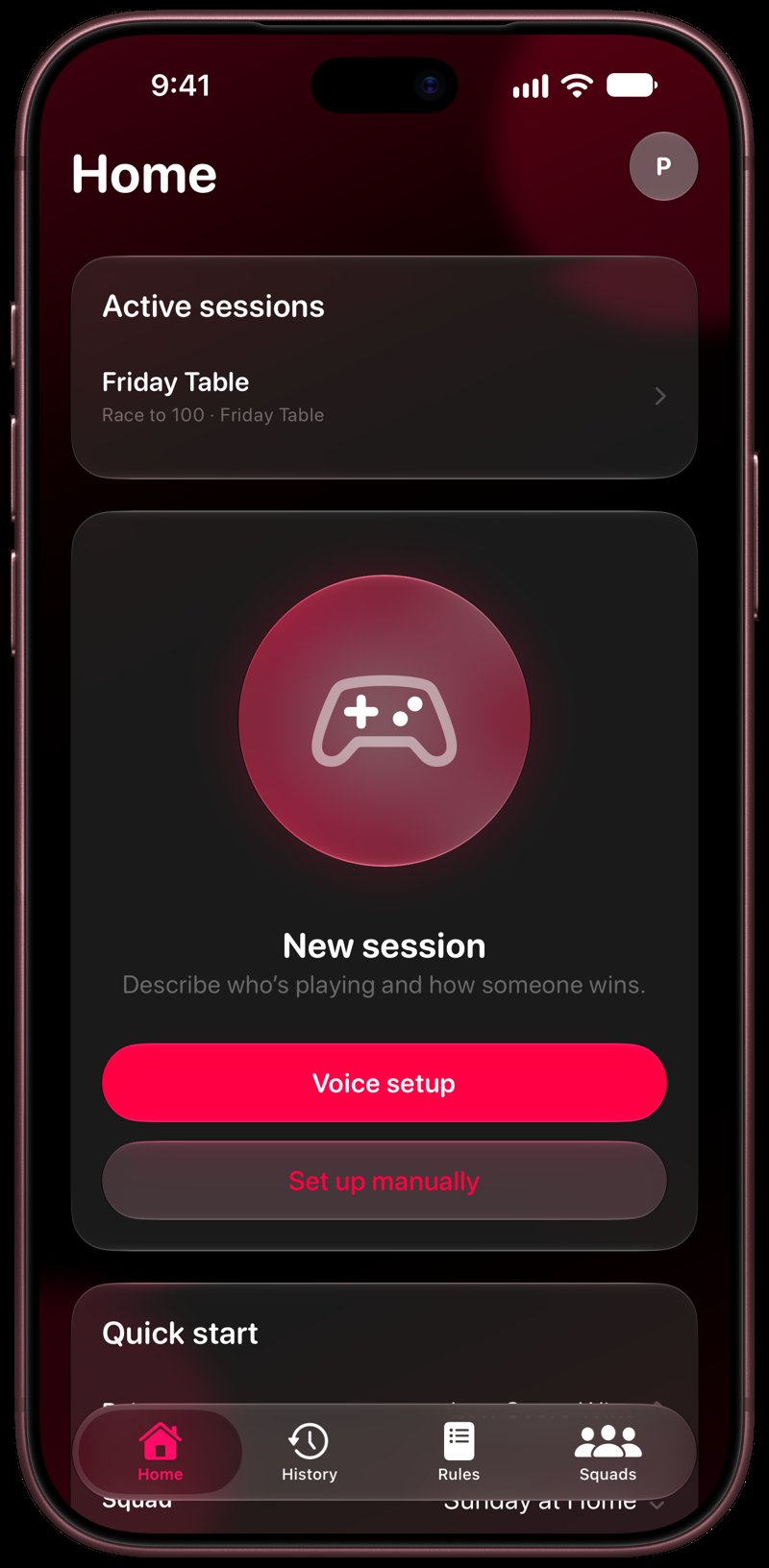 House Rules on iPhone 18 Pro Max showing Home for the Friday Table session, in the Pink tint, dark appearance.