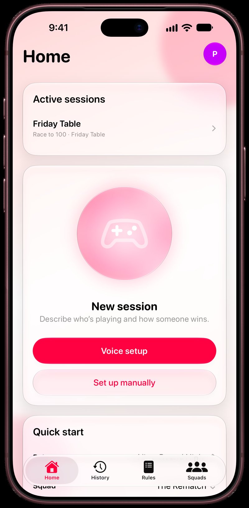 House Rules on iPhone 18 Pro Max showing Home for the Friday Table session, in the Pink tint, light appearance.