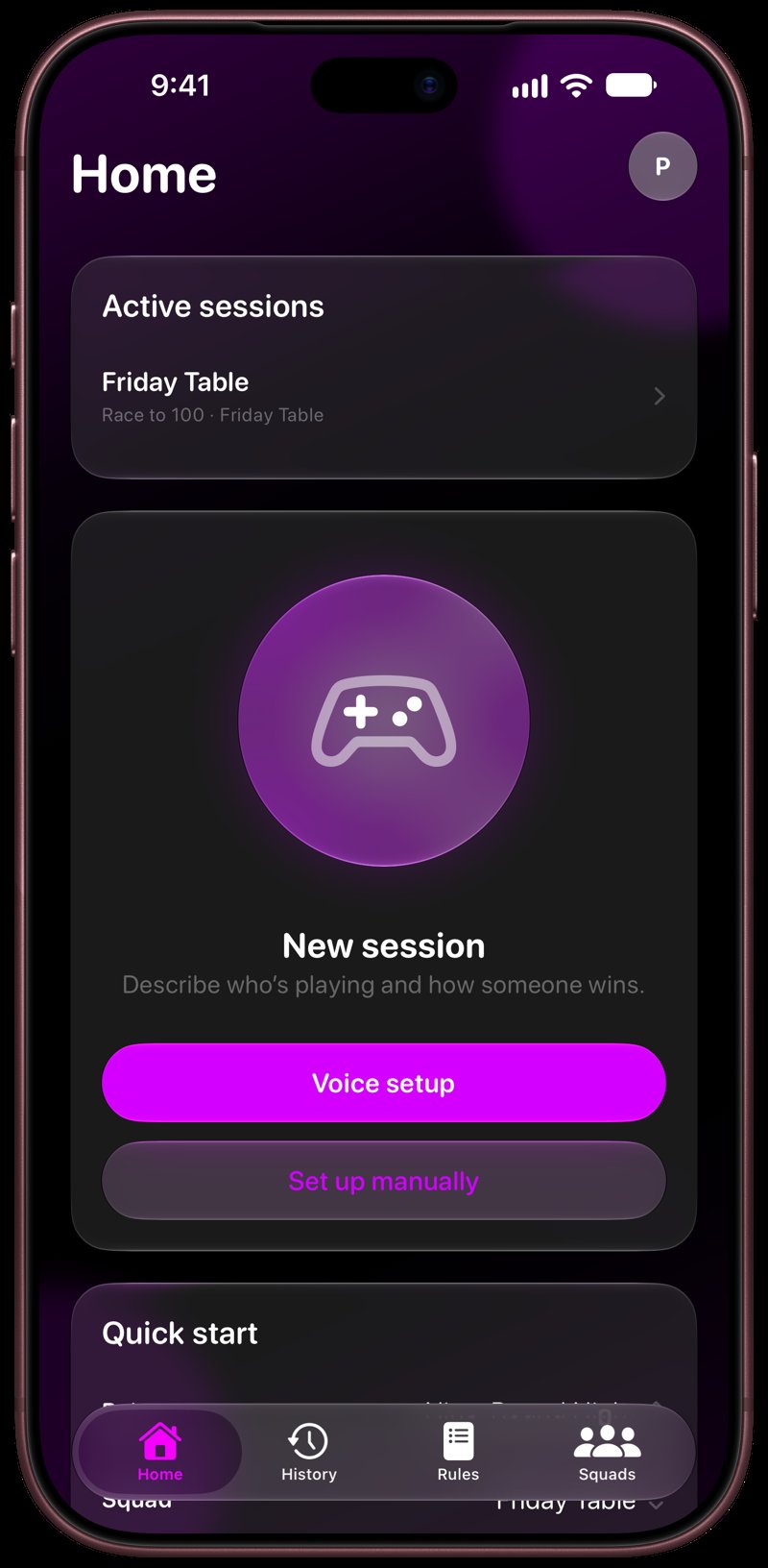 House Rules on iPhone 18 Pro Max showing Home for the Friday Table session, in the Purple tint, dark appearance.