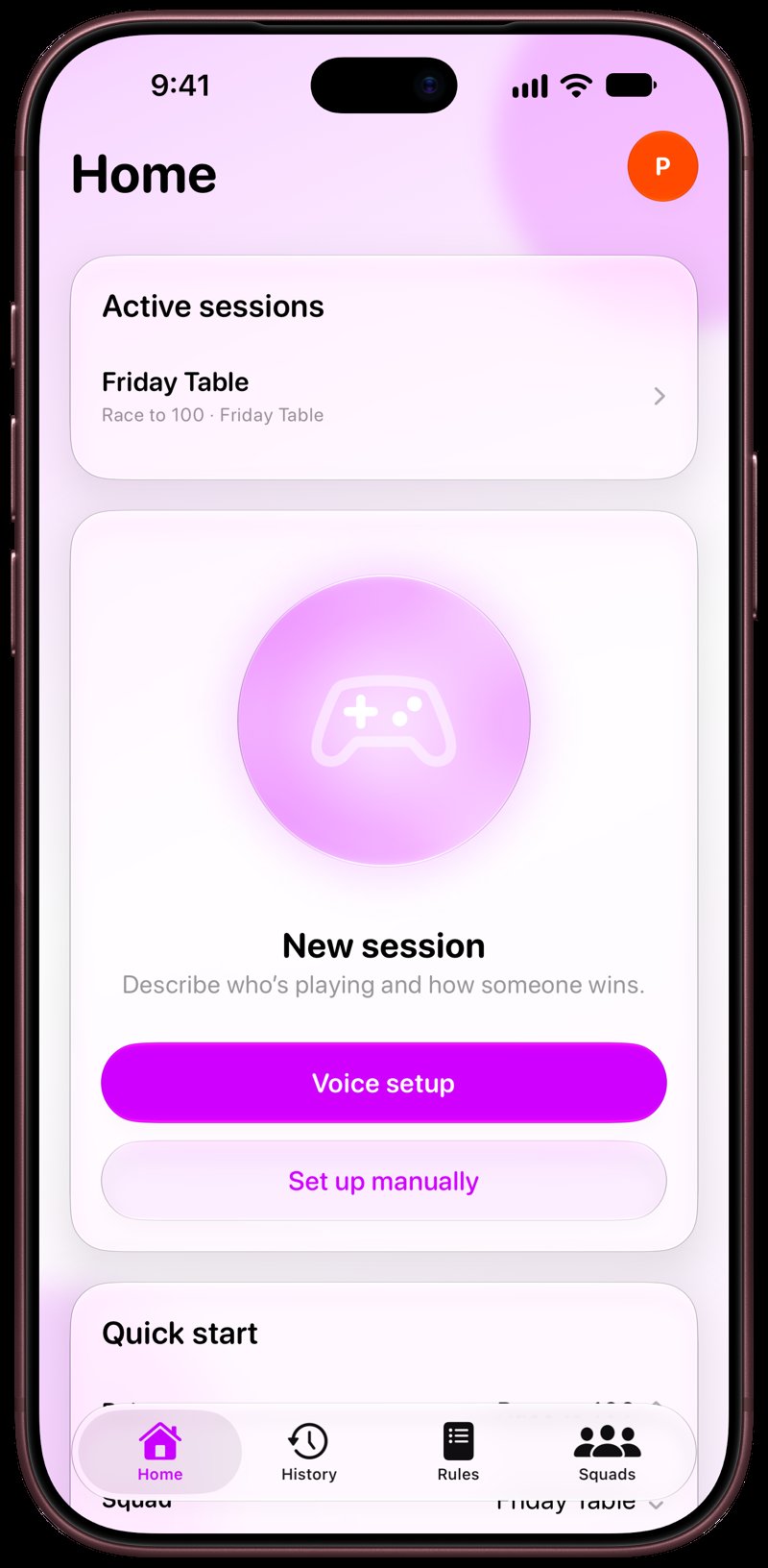 House Rules on iPhone 18 Pro Max showing Home for the Friday Table session, in the Purple tint, light appearance.