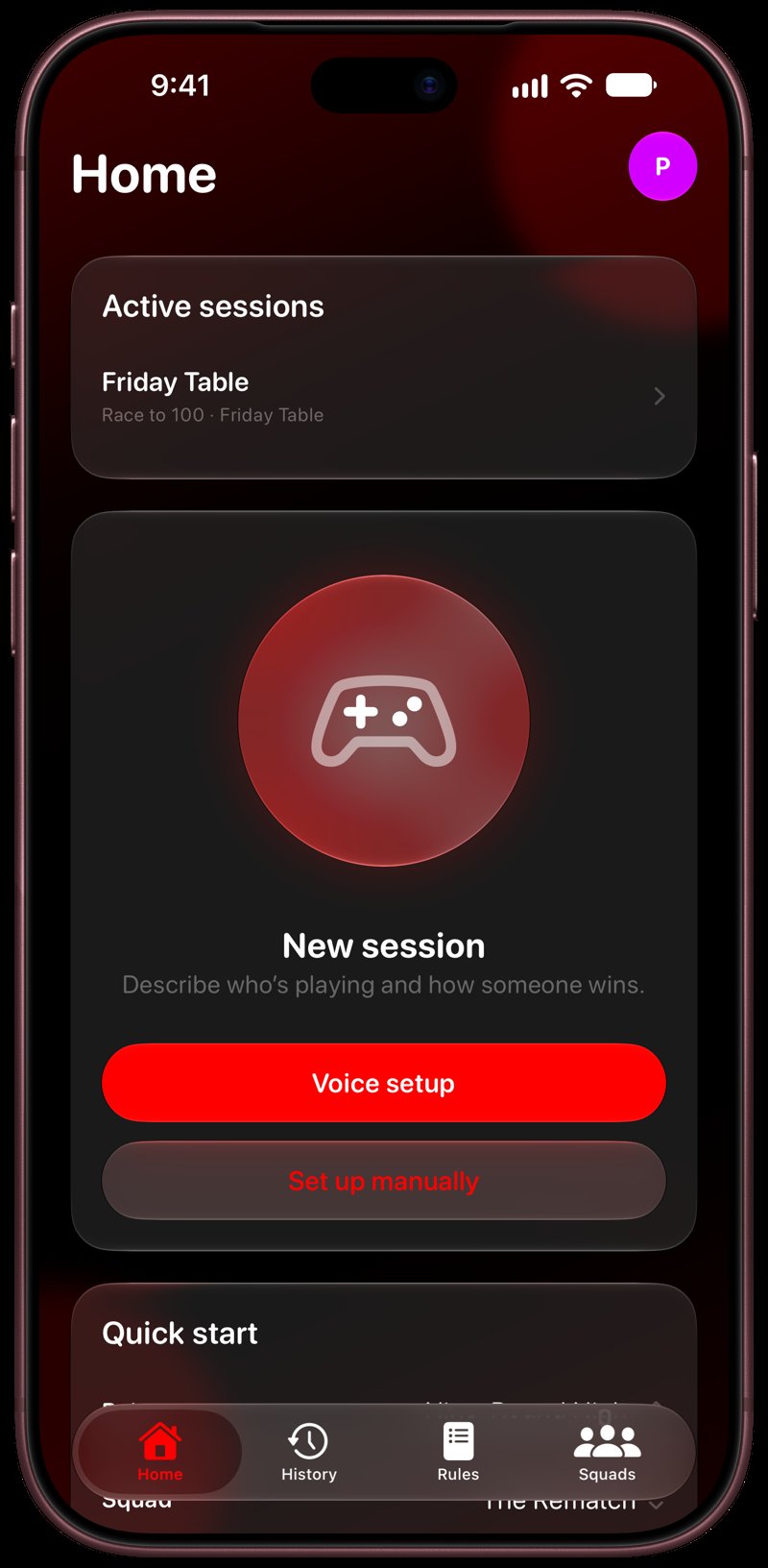 House Rules on iPhone 18 Pro Max showing Home for the Friday Table session, in the Red tint, dark appearance.