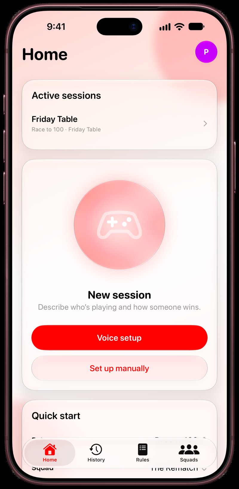 House Rules on iPhone 18 Pro Max showing Home for the Friday Table session, in the Red tint, light appearance.