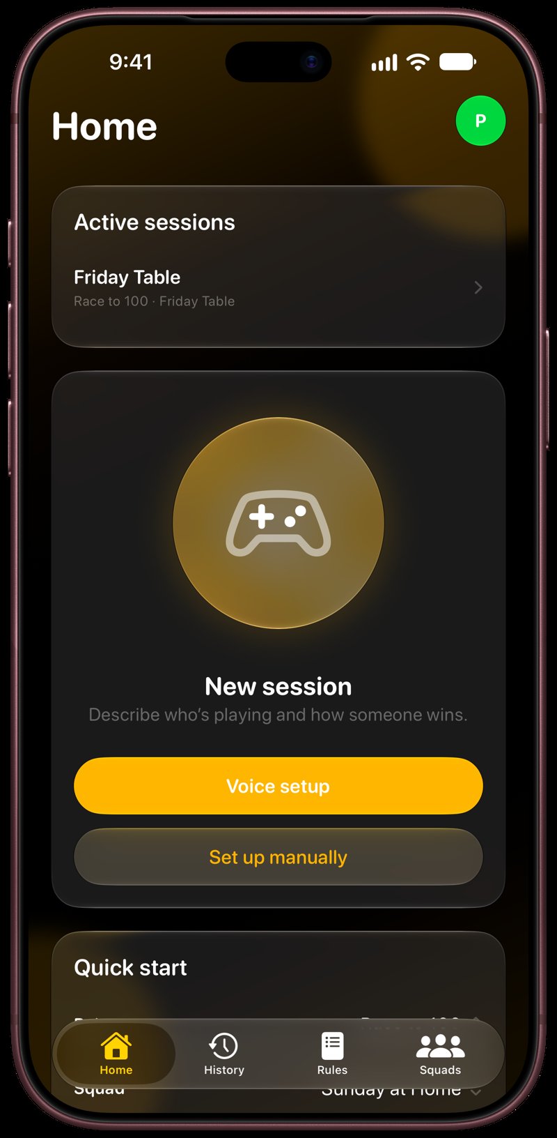 House Rules on iPhone 18 Pro Max showing Home for the Friday Table session, in the Yellow tint, dark appearance.
