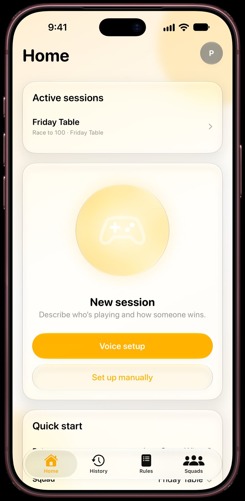 House Rules on iPhone 18 Pro Max showing Home for the Friday Table session, in the Yellow tint, light appearance.