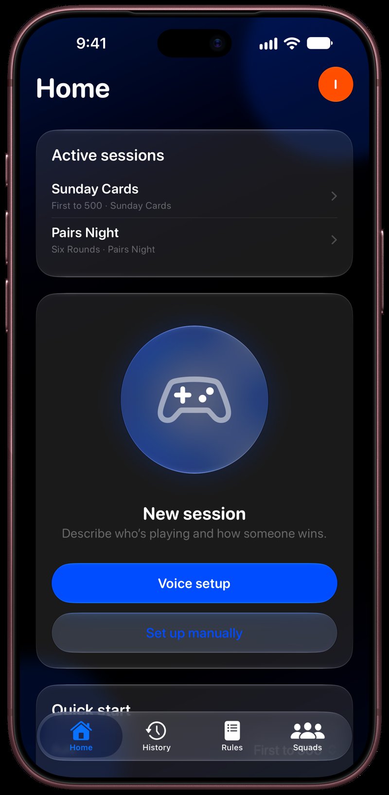House Rules on iPhone 18 Pro Max showing Home for the Sunday Cards session, in the Blue tint, dark appearance.