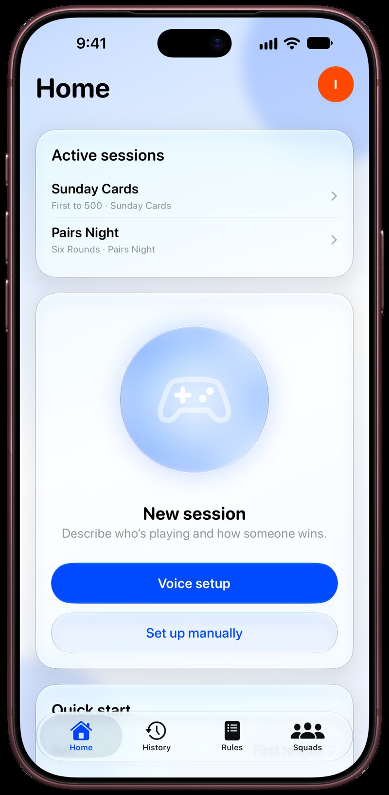 House Rules on iPhone 18 Pro Max showing Home for the Sunday Cards session, in the Blue tint, light appearance.