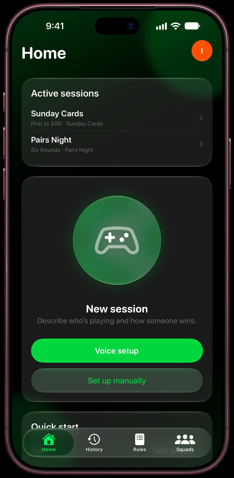 House Rules on iPhone 18 Pro Max showing Home for the Sunday Cards session, in the Green tint, dark appearance.