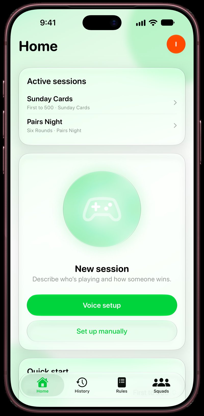 House Rules on iPhone 18 Pro Max showing Home for the Sunday Cards session, in the Green tint, light appearance.