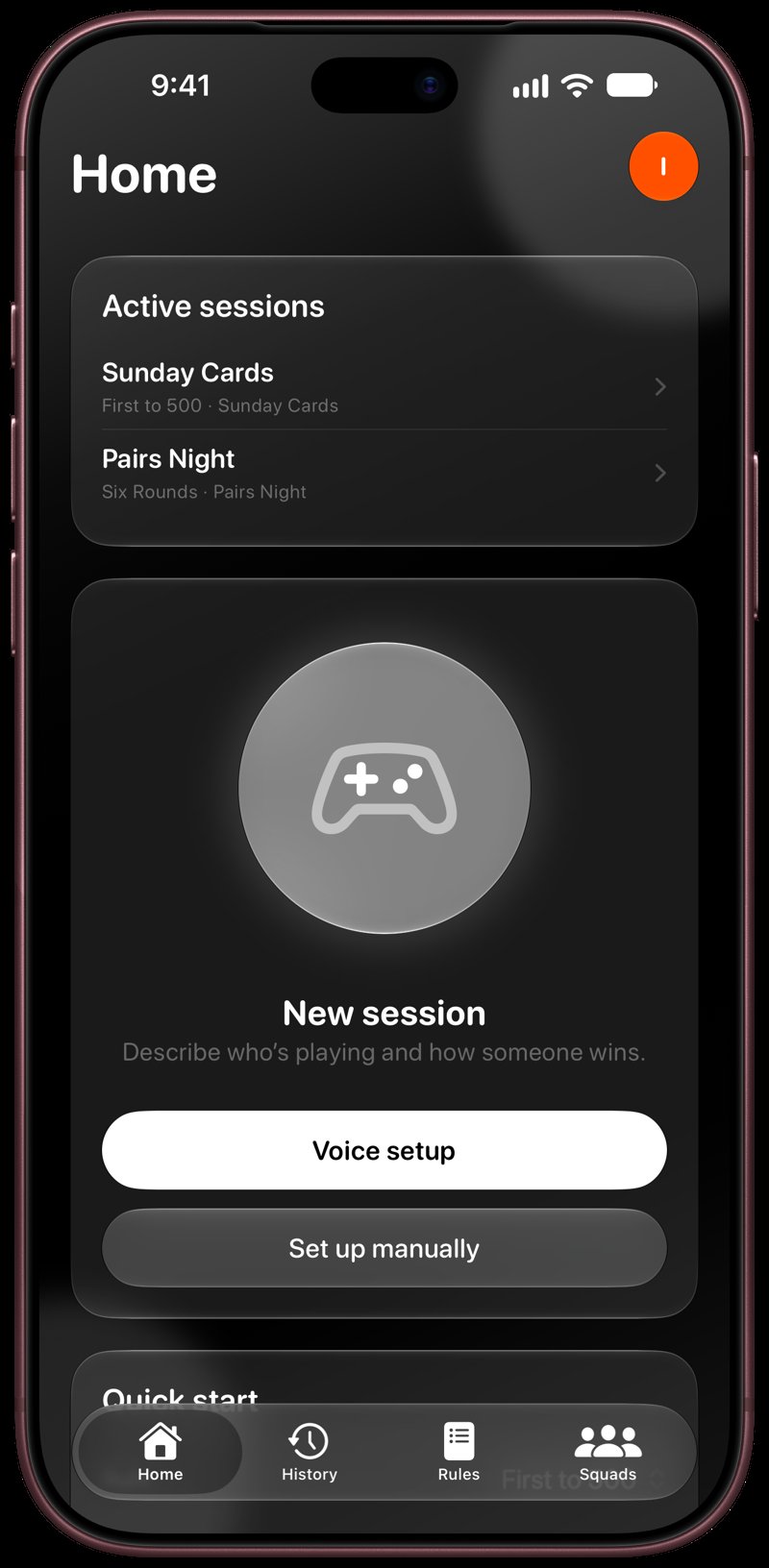 House Rules on iPhone 18 Pro Max showing Home for the Sunday Cards session, in the Grey tint, dark appearance.