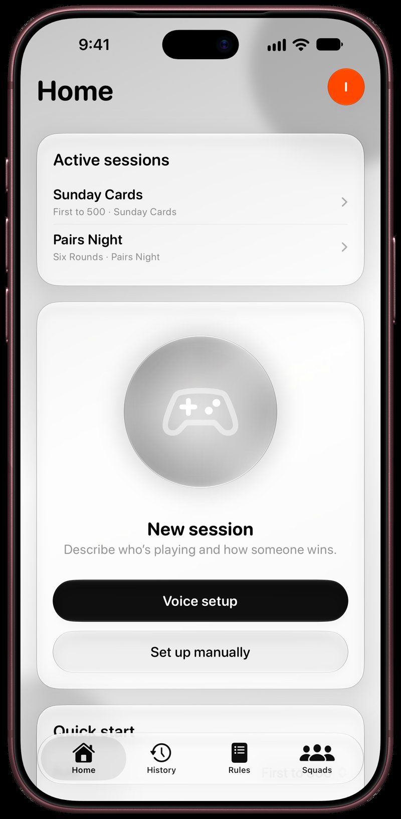 House Rules on iPhone 18 Pro Max showing Home for the Sunday Cards session, in the Grey tint, light appearance.