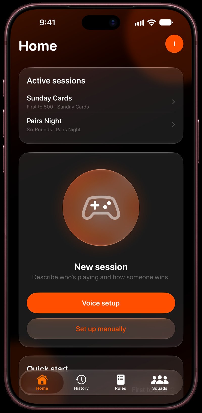 House Rules on iPhone 18 Pro Max showing Home for the Sunday Cards session, in the Orange tint, dark appearance.