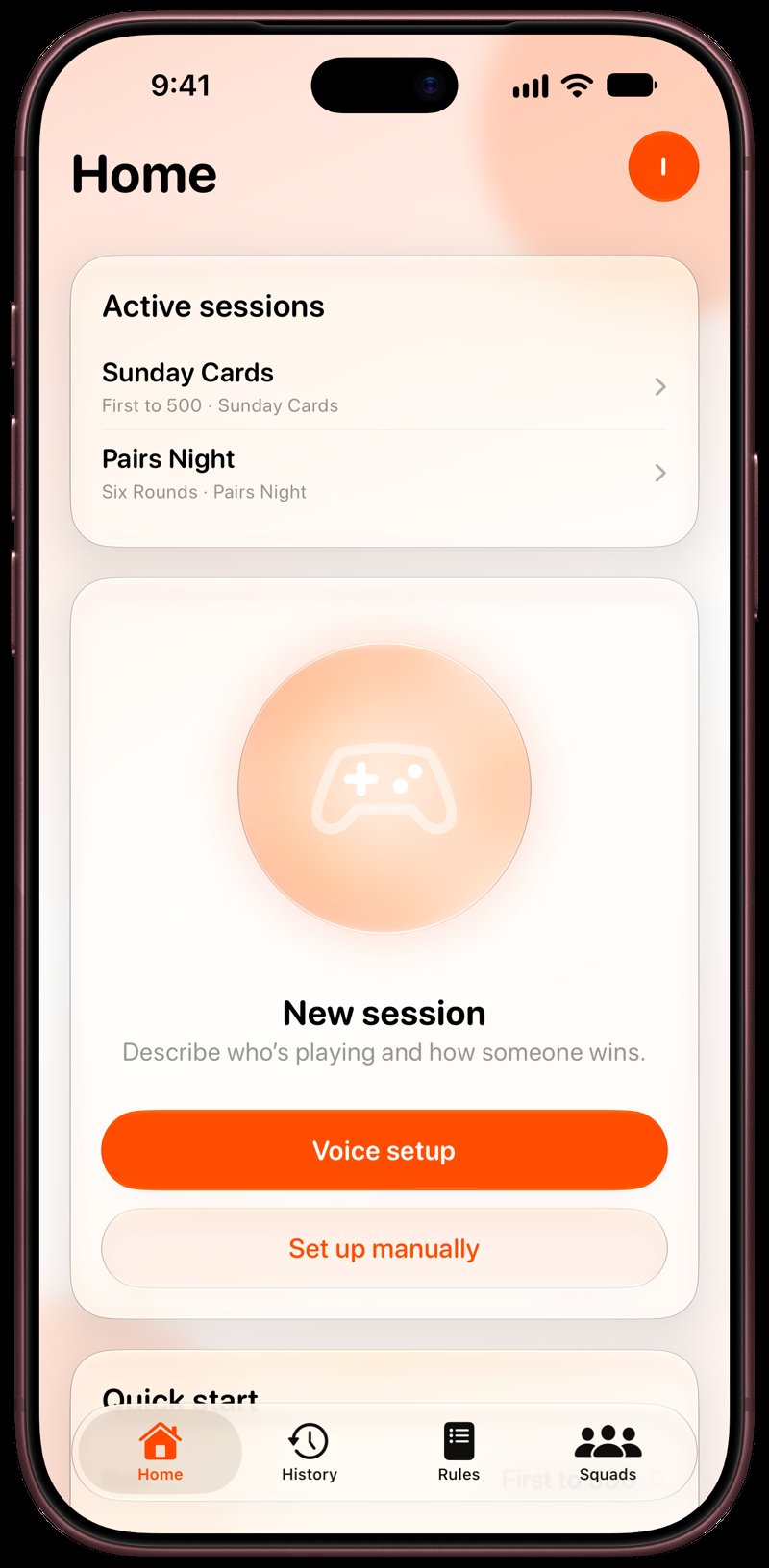 House Rules on iPhone 18 Pro Max showing Home for the Sunday Cards session, in the Orange tint, light appearance.