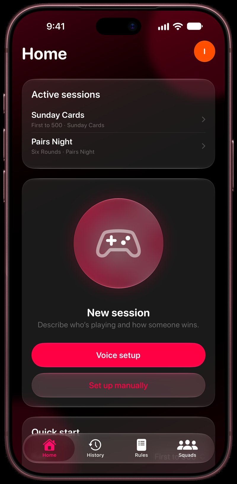 House Rules on iPhone 18 Pro Max showing Home for the Sunday Cards session, in the Pink tint, dark appearance.