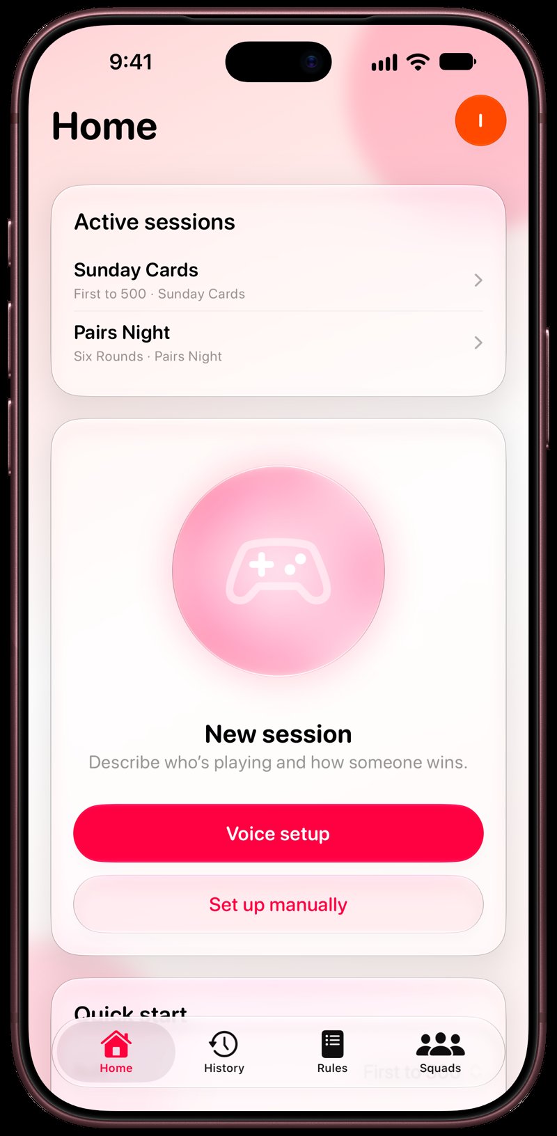 House Rules on iPhone 18 Pro Max showing Home for the Sunday Cards session, in the Pink tint, light appearance.