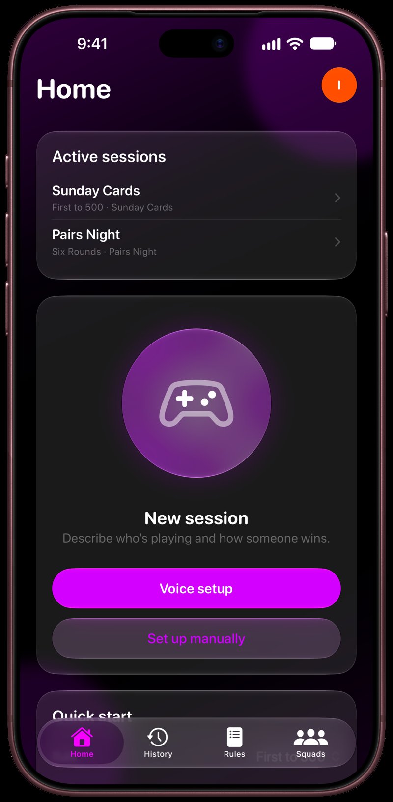 House Rules on iPhone 18 Pro Max showing Home for the Sunday Cards session, in the Purple tint, dark appearance.