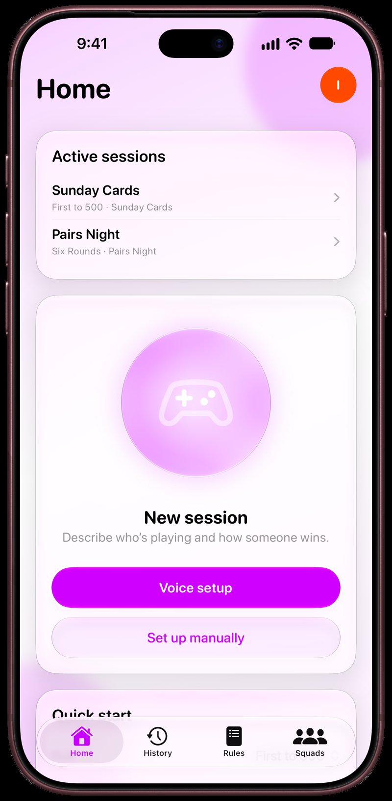 House Rules on iPhone 18 Pro Max showing Home for the Sunday Cards session, in the Purple tint, light appearance.