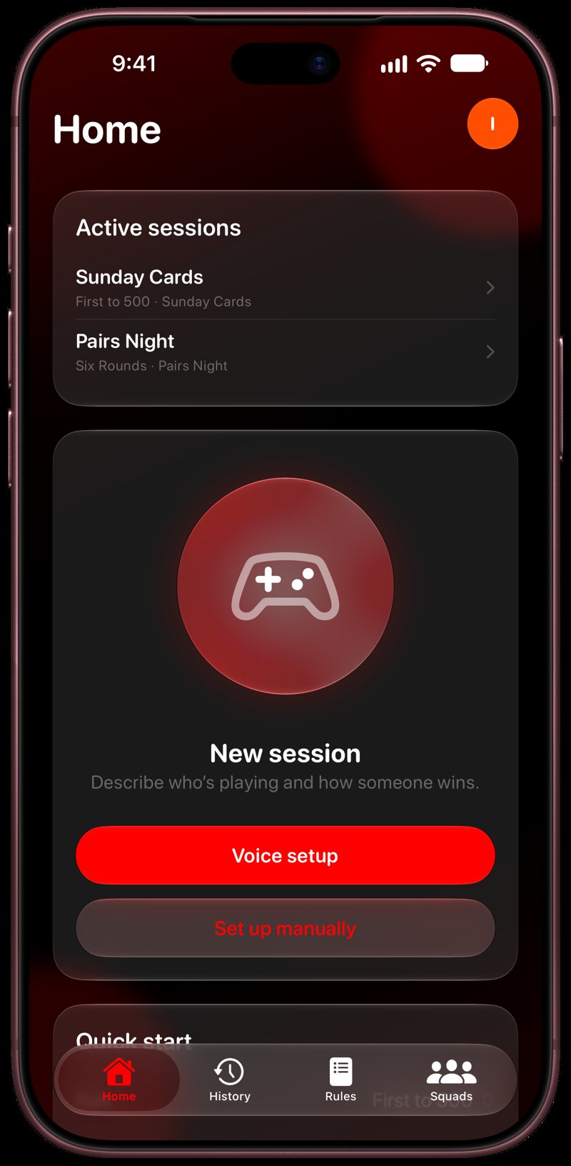 House Rules on iPhone 18 Pro Max showing Home for the Sunday Cards session, in the Red tint, dark appearance.