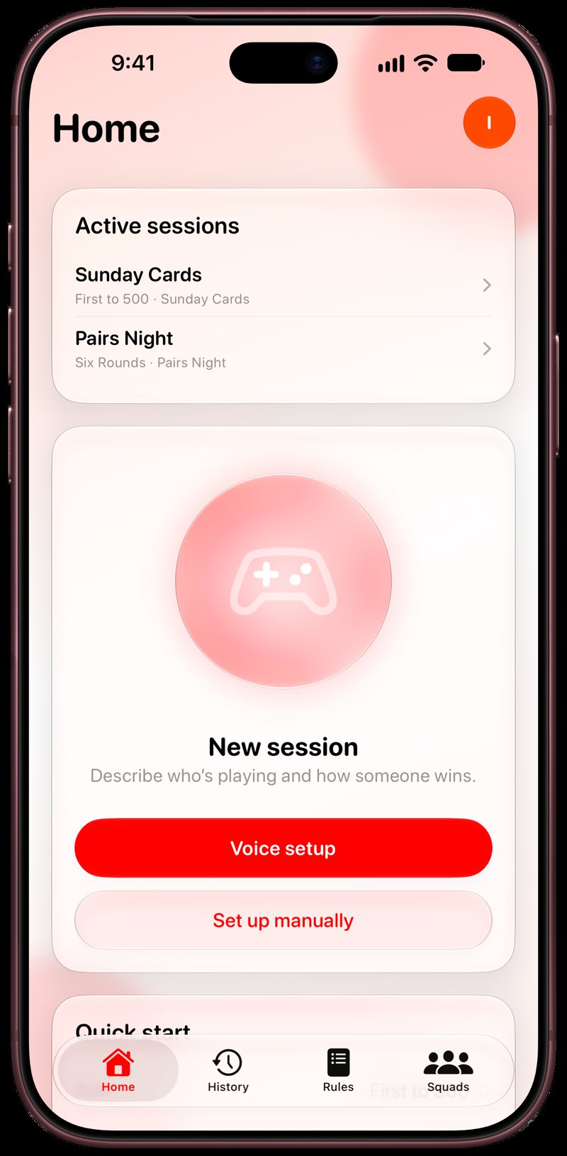 House Rules on iPhone 18 Pro Max showing Home for the Sunday Cards session, in the Red tint, light appearance.