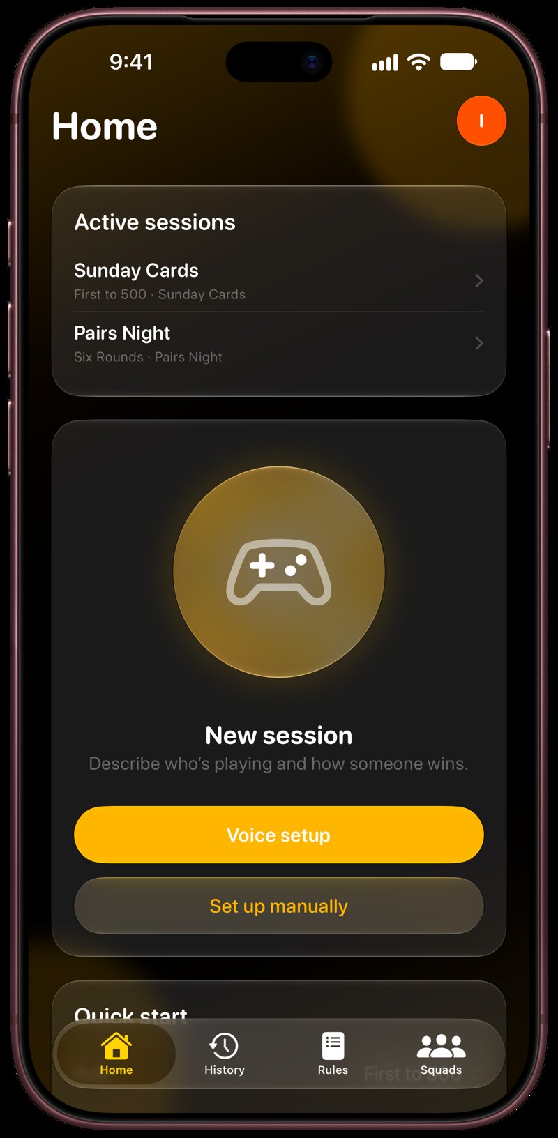 House Rules on iPhone 18 Pro Max showing Home for the Sunday Cards session, in the Yellow tint, dark appearance.