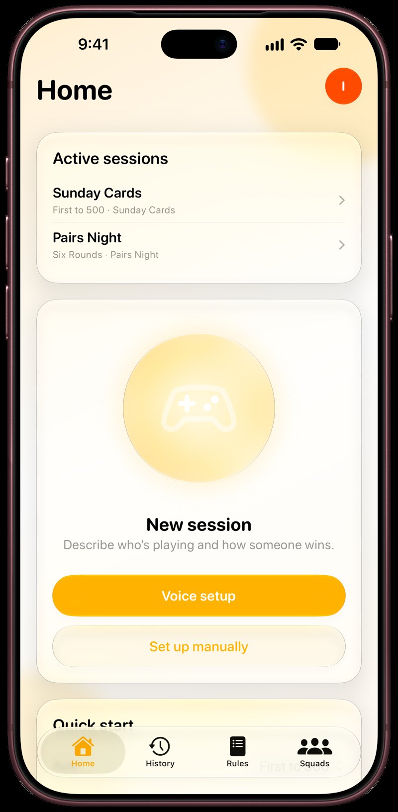 House Rules on iPhone 18 Pro Max showing Home for the Sunday Cards session, in the Yellow tint, light appearance.