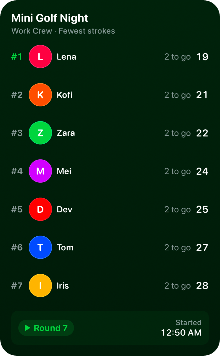 The Live Game widget from House Rules at Extra Large Portrait size in the Green tint, dark appearance.