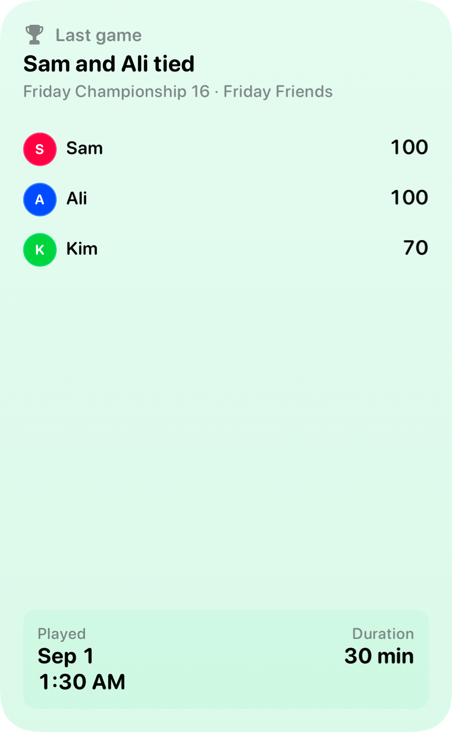 The Live Game widget from House Rules at Extra Large Portrait size in the Green tint, light appearance.